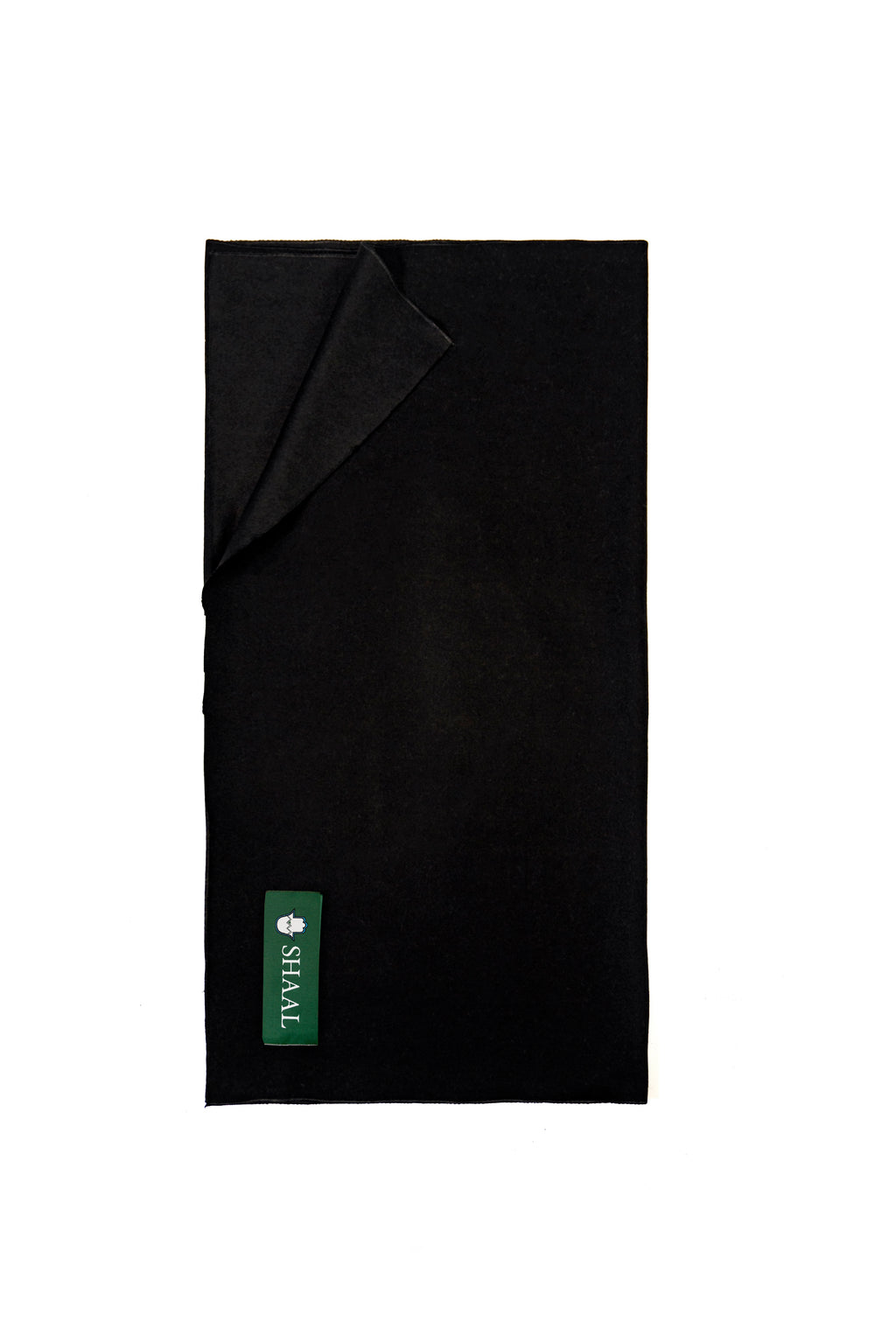Black heavyweight lamb wool shawl folded flat with SHAAL label, full length