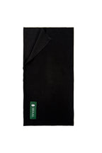 Black heavyweight lamb wool shawl folded flat with SHAAL label, full length