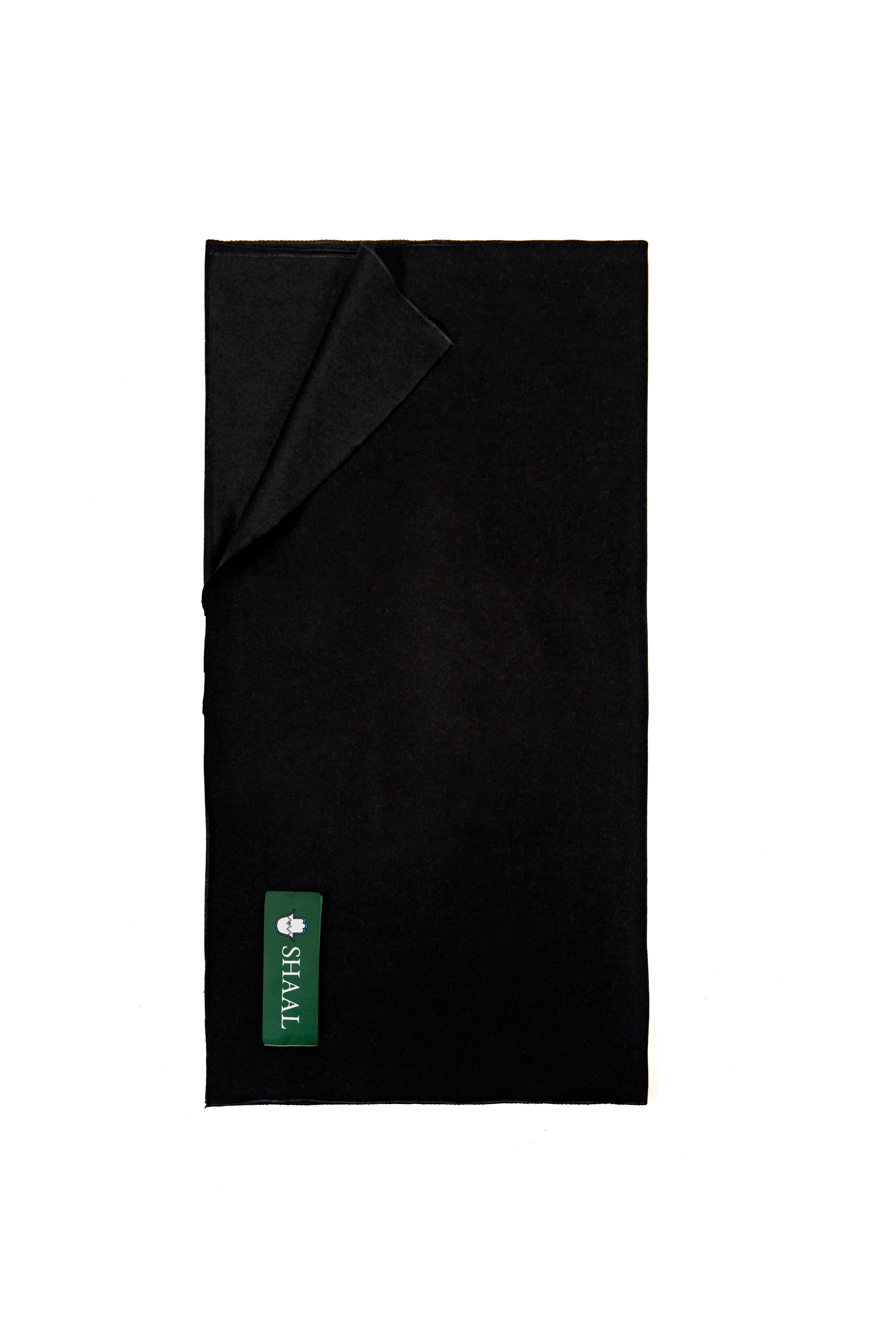 Black heavyweight lamb wool shawl folded flat with SHAAL label, full length