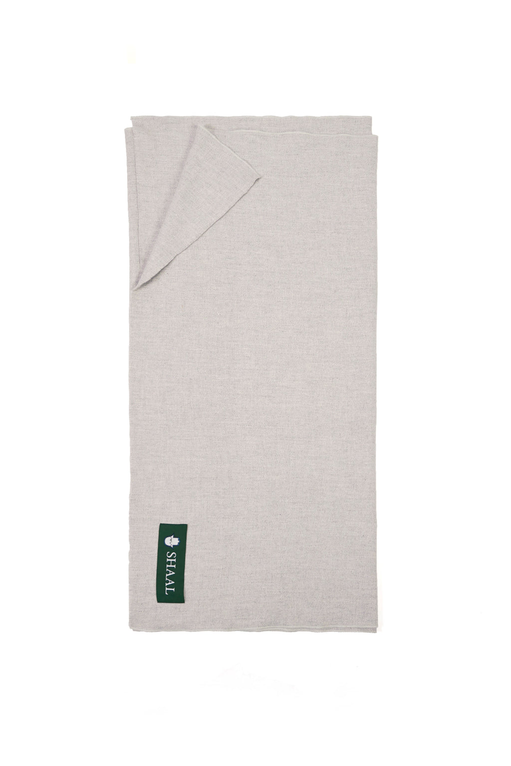 Silver heavyweight lamb wool shawl folded flat with SHAAL label, full length