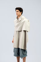 Silver heavyweight lamb wool shawl on male model, three-quarter side view
