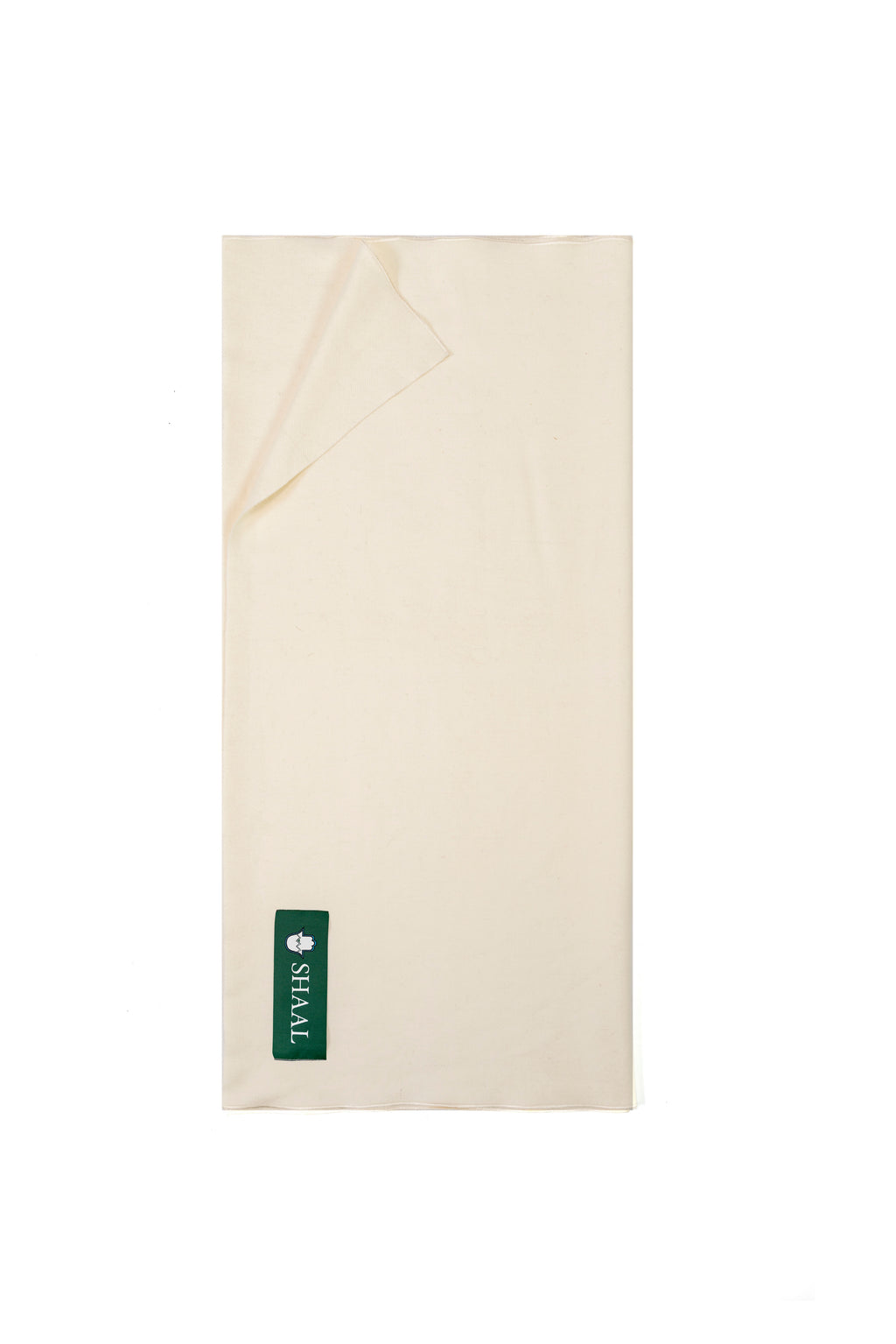 Off-white heavyweight lamb wool shawl folded flat with SHAAL label, full-length view