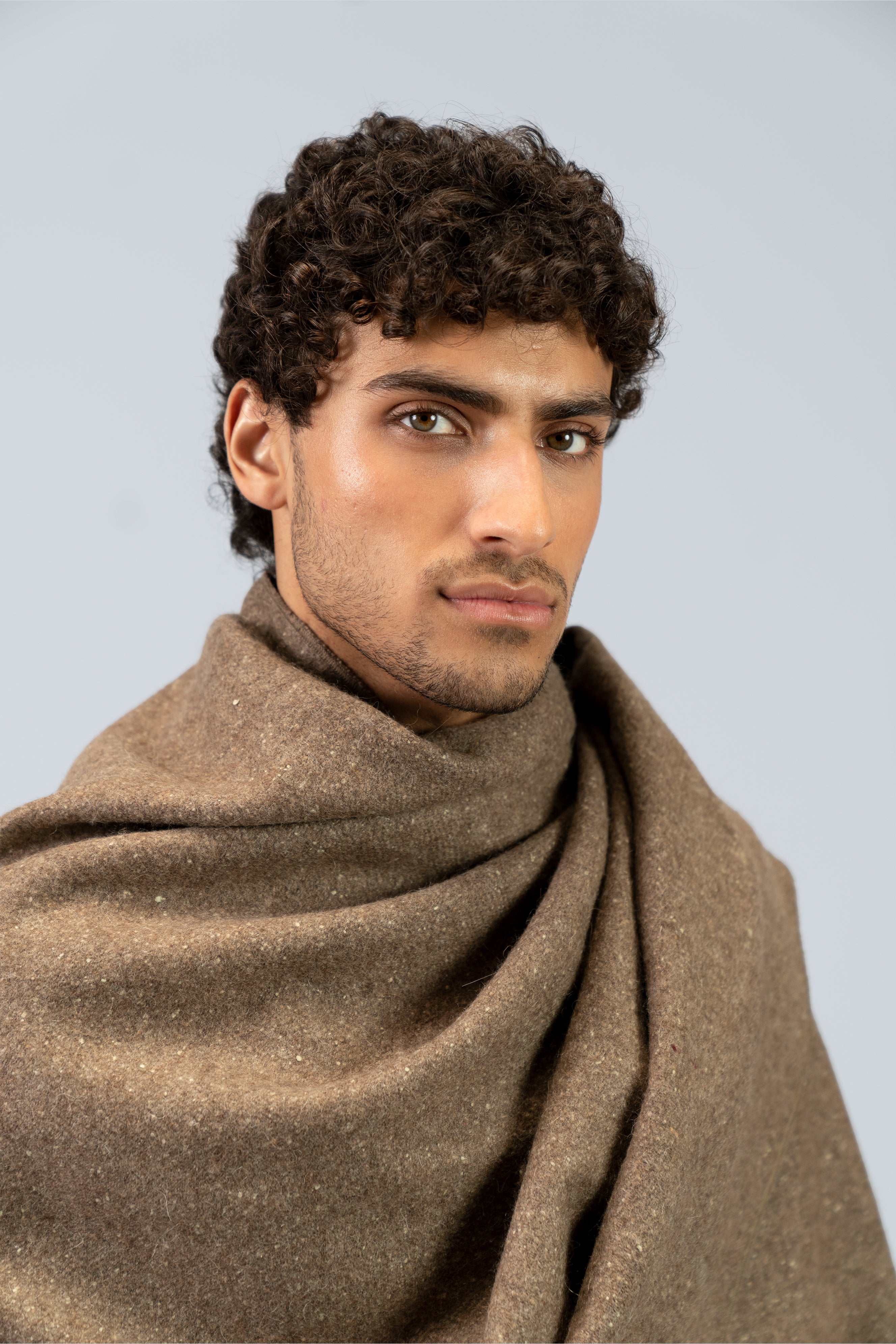 Brown yak wool shawl full length, showing drape and dimensions