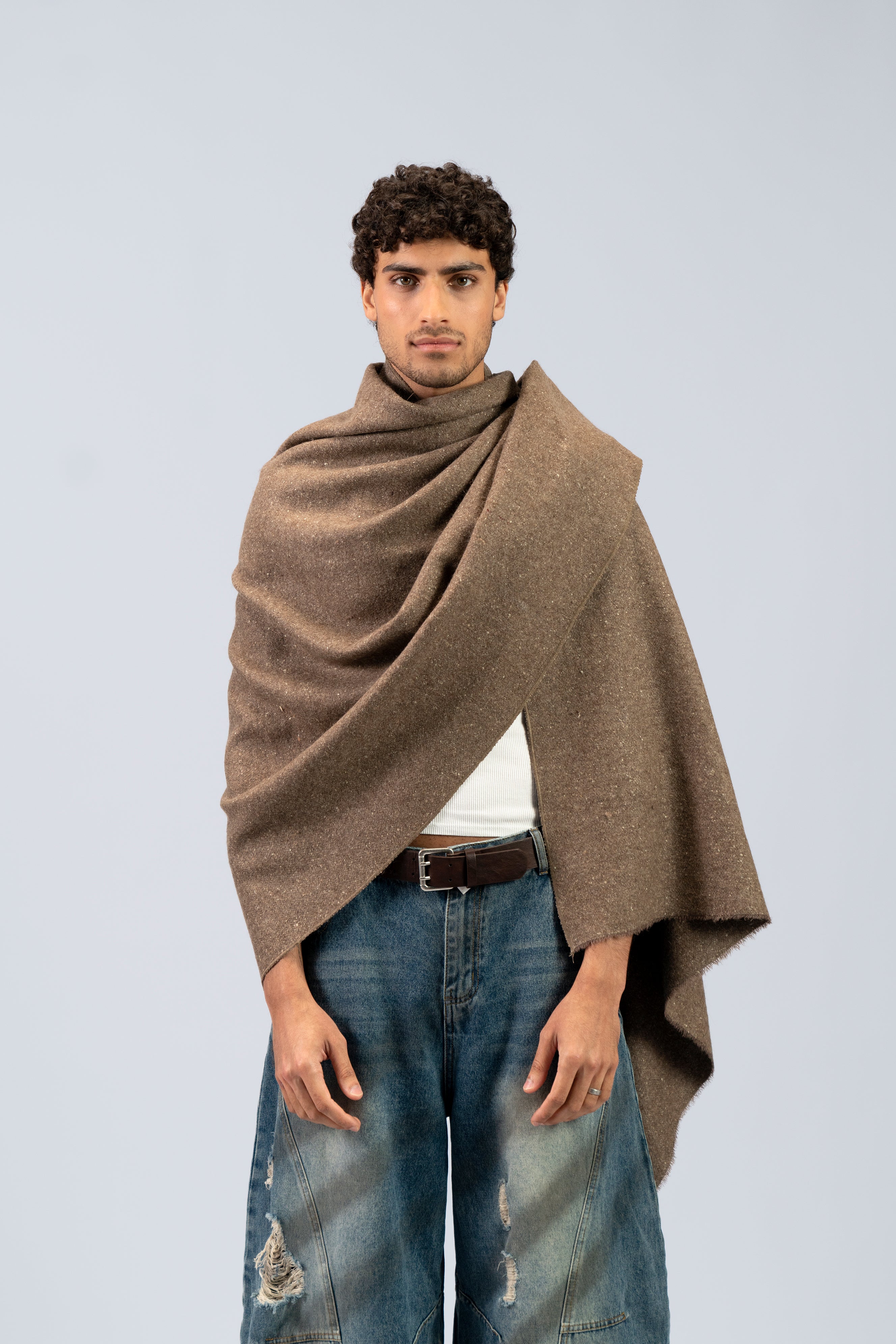 Brown yak wool shawl draped over shoulders, front view