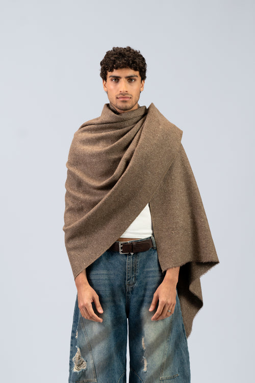 Brown yak wool shawl draped over shoulders, front view