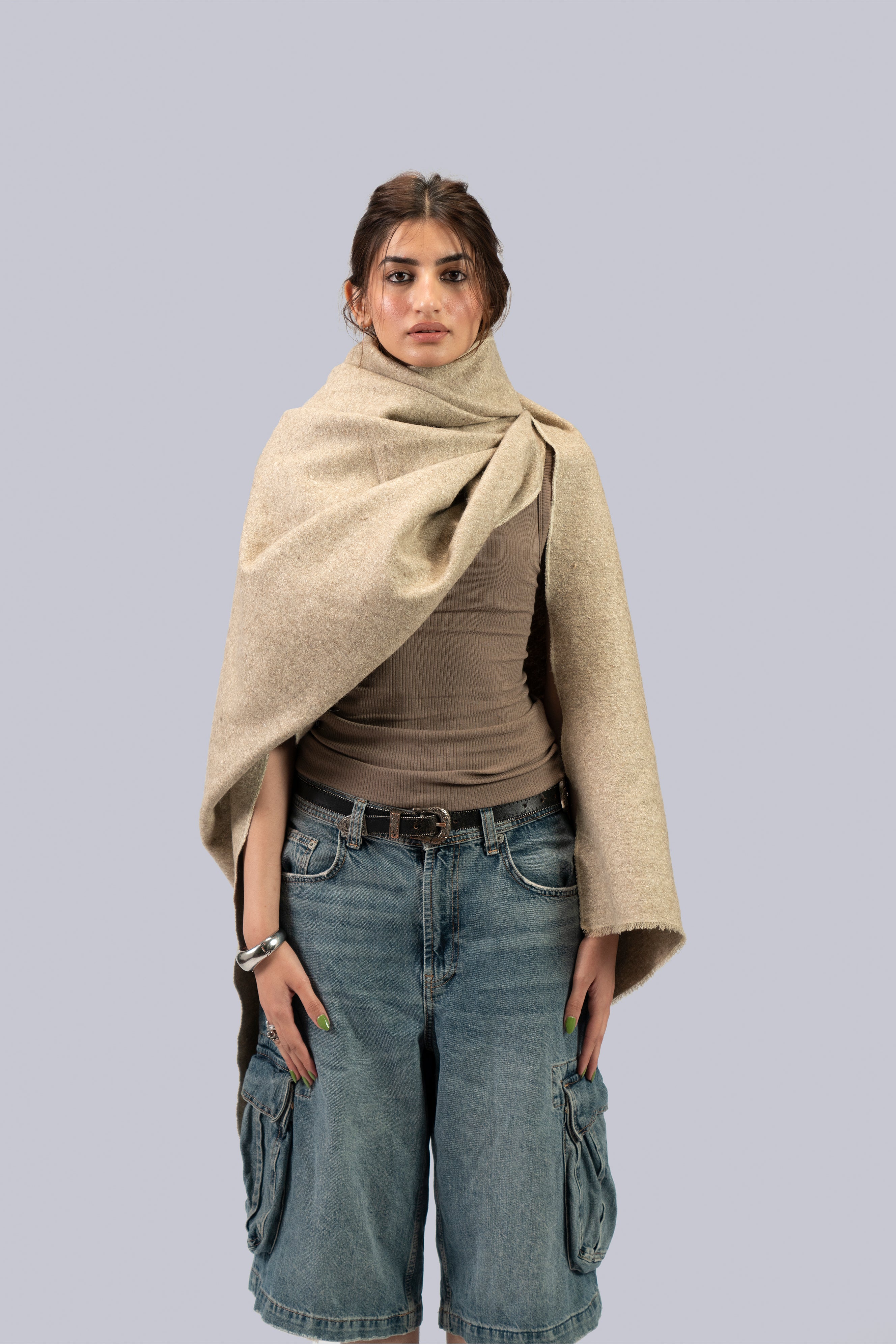 Beige yak wool shawl draped casually