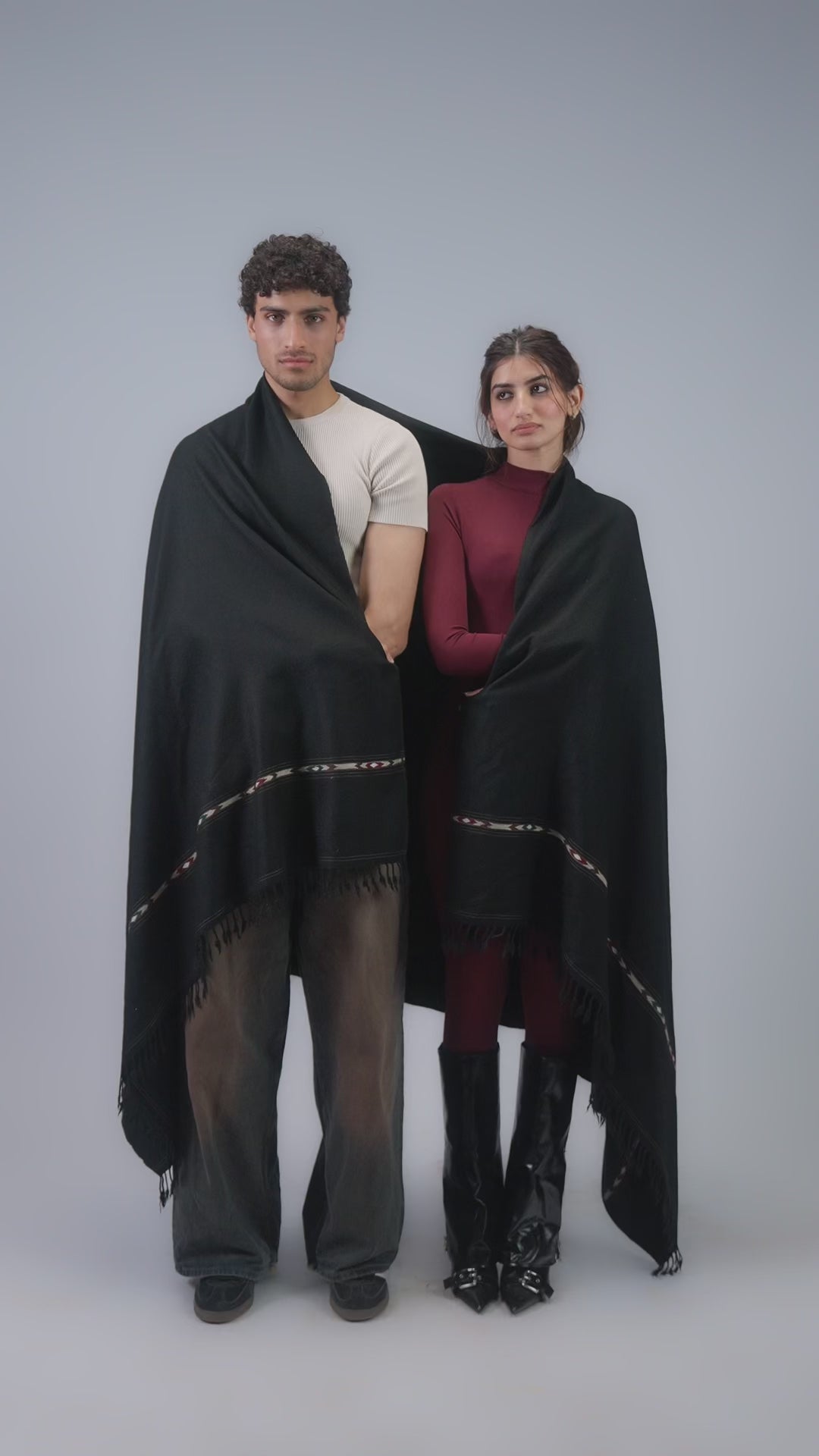 Black wool blanket scarf styling demonstration video